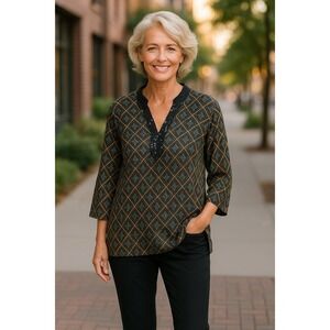 Jaclyn Smith Satin Blouse Women's Size Large Black Brown Teal 3/4 Sleeve Sequin